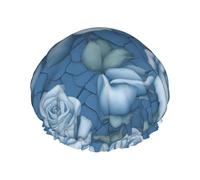 Belles roses sur fond bleu bonnet de douche double couche pour femme, réutilisable, design de grande taille adapté à toutes les longueurs de cheveux, adapté pour les filles, spa et salon à domicile.