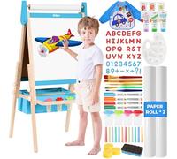 Belleur Chevalet pour enfant tout-en-un comprenant 2 rouleaux de papier, lettres magnétiques, 6 peintures au doigt, marqueurs, chevalet d'art debout de luxe avec tableau magnétique et tableau blanc
