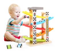 Belleur Montessori Jouet pour 1-3 ans Gar ons et Filles Enfant Piste de Course en Bois Voiture Tout-Petit Rampe Racer Ensemble avec 5 Mini Voitur
