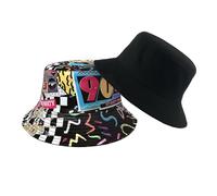 BelleVive Chapeau seau rétro années 80 90 Chapeau de pêcheur à la mode Unisexe Chapeau de pêcheur réversible Chapeau de soleil double face Chapeau de soleil pliable Chapeau de soleil Rave Party