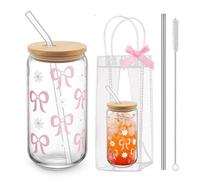 BelleVive Gobelet esthétique avec nœud Coquette et Sac Cadeau Transparent, Verre avec Couvercle et Paille, 500 ML café glacé Smoothie, Verre à bière, gobelet Tendance