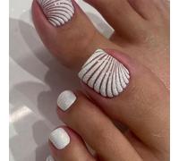 BelleVive Lot de 24 ongles à pression blancs pour les orteils, courts, avec motifs de coquillages, pour l'été, pour femmes, réutilisables