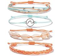 BelleVive Lot de 4 bracelets vagues en perles de coquillage Puka tressées, bracelet de surfeur Boho à corde réglable, bijou artisanal mignon et tendance, cadeaux pour femmes
