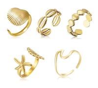 BelleVive Lot de 5 bagues en or 18 carats avec coquillages, surfeur de plage, étoile de mer, or délicat, bijoux d'été pour femmes et filles, cadeaux bohème, étoiles de mer, surfeur, L, Plastique