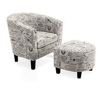 BELLEZE Chaise d'appoint avec ottoman, chaise moderne à dossier incurvé, chaise de lecture ronde en tonneau et repose-pieds pour salon, chambre à coucher, motif français blanc/lin