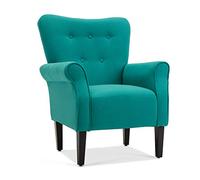 Belleze Chaise d'appoint moderne en lin avec accoudoirs roulants pour salon, chambre à coucher avec pieds en bois (bleu sarcelle colvert)