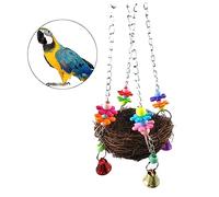 BELLIFFY Balançoire pour Oiseaux en Rotin Naturel Nid pour Perroquet avec Clochettes Joujou pour Calopsittes Perruches