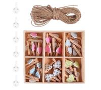 BELLIFFY Mini Pinces à Photos en Bois en Forme de Cœur 30 Pièces avec Corde de 10 Mètres, Accessoires DIY Légers et Faciles à Transporter pour Décoration d'Études et Murs