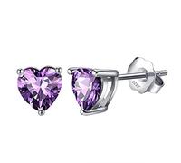 Bellitia Jewelry Boucles d'oreilles Coeur d'amour pour Femme, Clou d'oreilles en Argent Sterling 925 avec Amethyste violet Coeur Facile Beaux Bijoux Cadeau pour les Femmes Filles