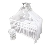 Bello24 - 13 pièces lit bébé lit d'enfant et literie Set Complet Happy Leo INCL. Matelas réglable en Hauteur pour Nouveau-nés bébés et Petits Enfants en Bois Massif (Gris - Ourson Lune)