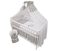 Bello24 - 13 pièces lit bébé lit d'enfant et literie Set Complet Happy Leo INCL. Matelas réglable en Hauteur pour Nouveau-nés bébés et Bambins en Bois Massif (éléphant - Gris)