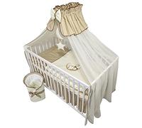Bello24 - 13 pièces lit bébé lit et Linge de lit Ensemble Complet Happy Leo INCL. Matelas réglable en Hauteur pour Nouveau-nés bébés et Bambins brodés (Ourson Lune Beige foncé)