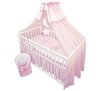 Bello24 - 13 pièces lit bébé lit et Linge de lit Ensemble Complet Happy Leo y Compris Matelas réglable en Hauteur pour Nouveau-nés bébés et Jeunes Enfants en Bois Massif brodé (Ourson Lune Rose)