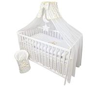 Bello24 - 13 pièces lit bébé lit et Linge de lit Ensemble Complet Happy Leo y Compris Matelas réglable en Hauteur pour Nouveau-nés bébés et Bambins brodés (Ourson Lune étoiles dorées)