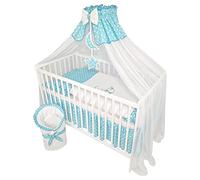 Bello24 - 13 pièces lit bébé lit et Linge de lit Ensemble Complet Happy Leo y Compris Matelas réglable en Hauteur pour Nouveau-nés bébés et Jeunes Enfants en Bois Massif brodé (Ourson Lune Bleu Azur)