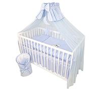 Bello24 - 13 pièces lit bébé lit et Linge de lit Ensemble Complet Happy Leo y Compris Matelas réglable en Hauteur pour Nouveau-nés bébés et Jeunes Enfants en Bois Massif brodé (Ourson Lune Bleu)