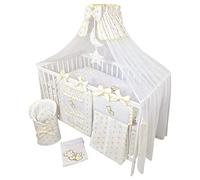 Bello24 - 16 pièces lit bébé lit d'enfant et literie Set Complet Happy Leo Matelas Inclus réglable en Hauteur pour Nouveau-né bébé et Petit Enfant en Bois Massif (Ourson Lune étoiles dorées)