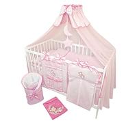 Bello24 - 16 pièces lit bébé lit d'enfant et literie Set Complet Happy Leo Matelas Inclus réglable en Hauteur pour Nouveau-nés bébés et Jeunes Enfants en Bois Massif (Ourson Lune Rose)