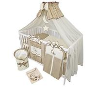 Bello24 - 16 pièces lit bébé lit d'enfant et literie Set Complet Happy Leo Matelas Inclus réglable en Hauteur pour Nouveau-nés bébés et Jeunes Enfants en Bois Massif Ourson Lune Beige foncé