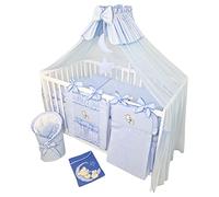 Bello24 - 16 pièces lit bébé lit et literie Ensemble Complet Happy Leo y Compris Matelas réglable en Hauteur pour Nouveau-nés bébés et Jeunes Enfants en Bois Massif (Ourson Lune - Bleu)