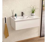 BELLOBATH - Meuble de Salle de Bain Suspendu avec Vasque en Céramique, Lavabo avec Vasque Intégrée, 1 Tiroir, 80 x 27 x 46 cm, Meuble Blanc