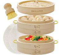 BELLPO Panier vapeur en bambou avec poignée latérale, pour petits pains Bao, boulettes, riz, légumes, brocoli, poisson, dim sum, viande, 2 étages de 20,3 cm, comprend 2 doublures vapeur en bambou et