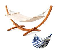 BELONID Hamac avec Support en Bois, 320×120×120 cm, Charge 200 kg (Bleu) | Bois de pin massif, réglable en hauteur, structure stable extérieur