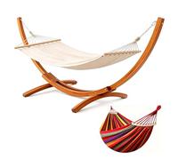 BELONID Hamac avec Support en Bois, 320×120×120 cm, Charge 200 kg (Rouge) | Bois de pin massif, réglable en hauteur, structure stable extérieur