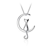 Belons Collier en argent sterling 925 avec pendentif en forme de chat et de lune pour femmes et enfants Chaîne réglable