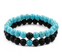 Belons - Lot de 2 bracelets énergétiques extensibles à perles de pierre bleue turquoise et agate noire de 8 mm