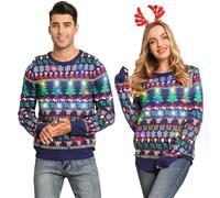 Belovecol Unisexe Lumineux Pulls de Noël pour Hommes Femmes LED Ugly Imprimé Pull de Noël Arbre de Noël Flocons de Neige Bleu Marine Pull Nouveauté Tops M