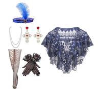 BELOWSYALER Ensemble complet d'accessoires 6 en 1 années 20 avec châle à paillettes et ensemble de bijoux pour célébrations des années folles