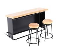 BELOWSYALER Lot de 3 comptoirs miniatures pour maison de poupée avec 2 tabourets, cadre en métal, plateau en bois, modèle 1/12