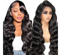 Beluck 13x6 HD Lace Wig Human Hair Perruque Femme Naturelle Brésilien Body Wave Cheveux Humain Lace Frontal Colle Perruque Femme Naturelle Bouclée Glueless Wig Human Hair Noir Naturel 26 Pouces