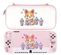 BelugaDesign Corgi Boba OLED Bundle | Carry Case Soft Cover Thumb Grips Kit | Cute Anime Bubble Tea Kawaii Dog Pink Pastel Travel Accessories for Girls Women | Compatible avec Nintendo Switch OLE
