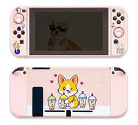 BelugaDesign Corgi Boba Switch Bundle | Coque avec Motif Chien Kawaii thé aux Perles Pastel pour Animaux de Compagnie | Coque avec poignées pour Les Pouces Compatible avec Nintendo Switch (Switch