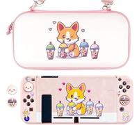 BelugaDesign Corgi Boba Switch Bundle | Coque avec Motif Chien Kawaii thé aux Perles Pastel pour Animaux de Compagnie | Coque avec poignées pour Les Pouces Compatible avec Nintendo Switch (Switch