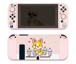 BelugaDesign Corgi Boba Switch Bundle | Coque avec Motif Chien Kawaii thé aux Perles Pastel pour Animaux de Compagnie | Coque avec poignées pour Les Pouces Compatible avec Nintendo Switch (Switch