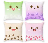 BelugaDesign Mignon Jeter des taies d'oreiller | Lot de 4 Visages Boba Bubble Tea Anime Cartoon Chibi | Ensemble de décoration de Salon décoratif Kawaii pour Filles (18 x 18, 4 Multi)