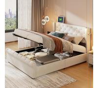 belupai 140x190cm Lit Coffre Capitonné avec Têtes de Lits et 2 Liseuse,Lit Double Rembourrées avec USB,Bedframe avec sommier à Lattes,Lits 2 Personnes pour Adultes et Adolescents,Velours Beige