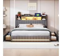 belupai 140x200cm Lit Double Rembourrée avec LED et USB, Tete de Lit Capitonné avec Rangement, Cadre de Lits avec sommier à Lattes et 4 Tiroirs, Lits 2 Personnes pour Adultes et Adolescents,Lin Gris