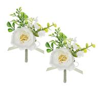 belupai 2/4 Pcs Boutonnières de Fleurs Blanches Artificielles, Fausses Boutonnières de Rose pour Les Meilleurs Hommes Faux Renoncule Corsage Costume Décor pour Marié Garçons (2