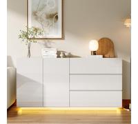 belupai Buffet de Salon Haut Brillant Blanc avec éclairage LED,160x35x76cm Meuble TV Moderne,Commode à 2 Portes et 3 tiroirs, Armoire de Couloir, Meuble de Rangement pour Salon,Salle à Manger