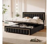 belupai Lit Coffre 140x200 cm, Lit Double avec Tete de Lits et sommier à Lattes, Lits 2 Personnes avec Rangement, Bords Verticaux Dorés,Noir Velours, pour Studios et Petits Appartements