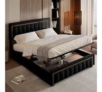 belupai Lit Coffre 160x200 cm, Lit Double avec Tete de Lits et sommier à Lattes, Lits 2 Personnes avec Rangement, Bords Verticaux Dorés,Noir Velours, pour Studios et Petits Appartements