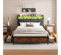 belupai Lit double 160 x 200 cm - Style industriel - Lit de rangement avec lumières LED - Tête de lit rembourrée en polyuréthane et 4 tiroirs - Cadre de lit en métal - Sans matelas - Bois et noir