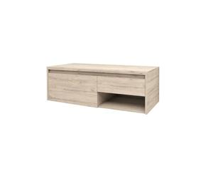 Belvit Tocantins Meuble de lavabo suspendu en MDF, 120 cm, sans poignée, avec tiroir, compartiment ouvert, fermeture douce, meuble de salle de bain moderne, bois clair