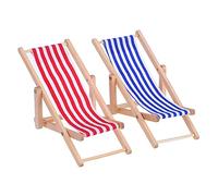 Bememo Chaise de plage pliante miniature en bois à rayures rouges et bleues pour intérieurs et extérieurs (pack de 2)