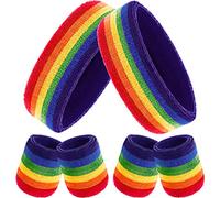 Bememo Lot de 6 Bandeaux Anti-Transpiration rayés, Comprend 2 Bandeaux de Sport et 4 Bracelets en Coton coloré à Rayures pour Homme et Femme (Couleur Arc-en-Ciel, 6 pièces)