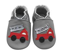 Bemesu premiers marcheurs chaussures rampantes pour bébés pantoufles en cuir pantoufles pour enfants en cuir souple pour filles et garçons camion de pompiers gris (S, 0-6 M, EU 18-19)